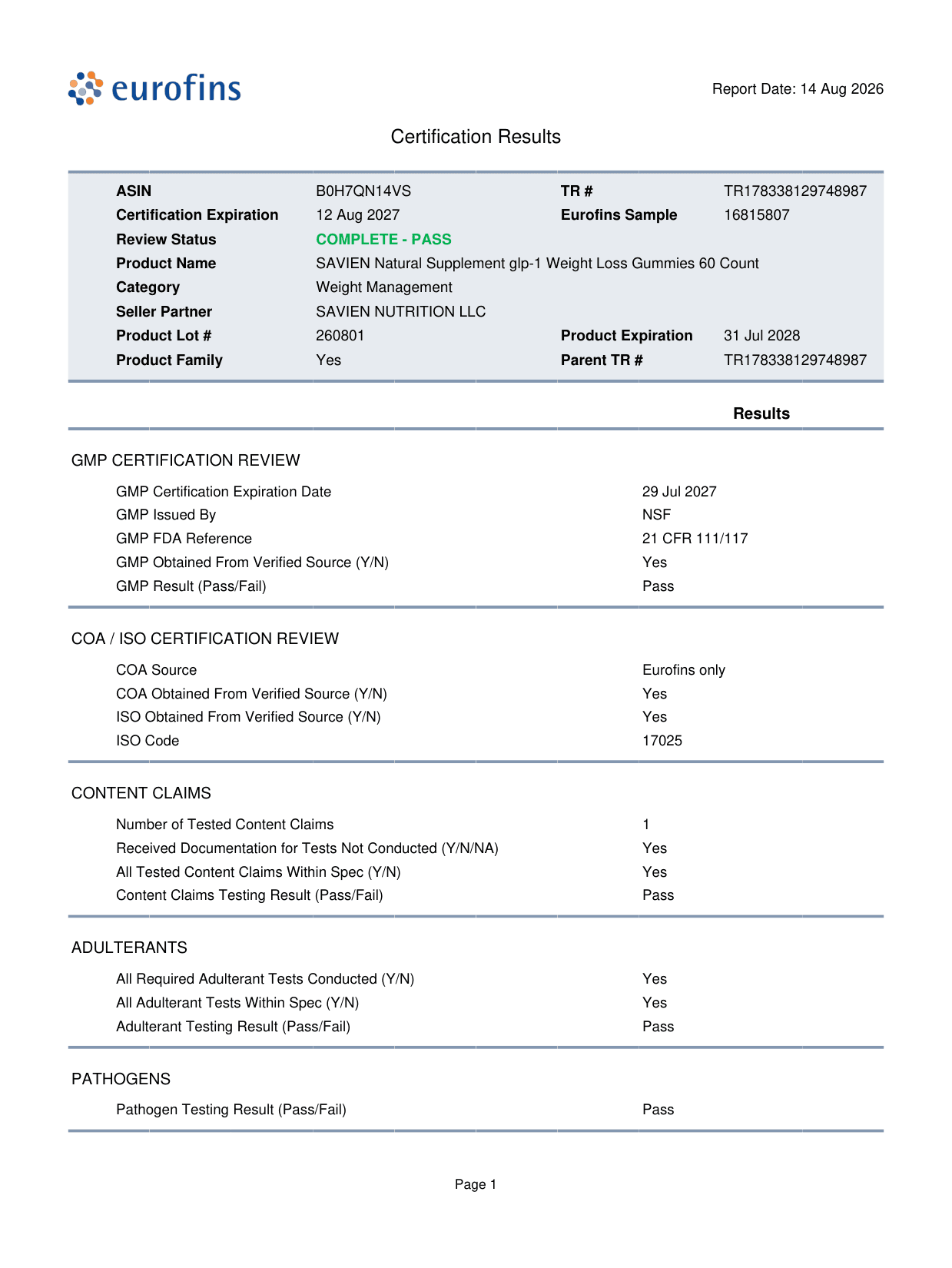 Preview of the Savien GLP-1 Support laboratory certificate